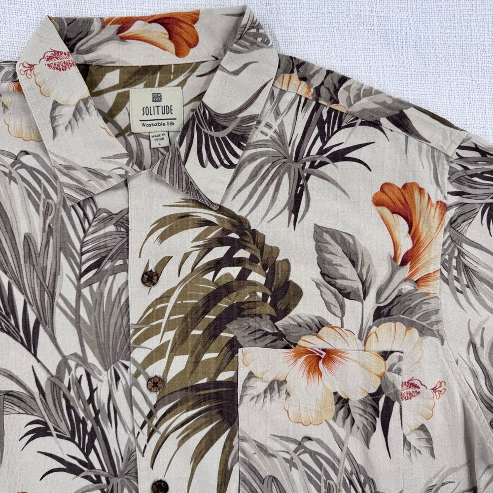 Solitude Washable Silk Tropical Hibiscus Palm Print Camp Shirt Mens Large Tan